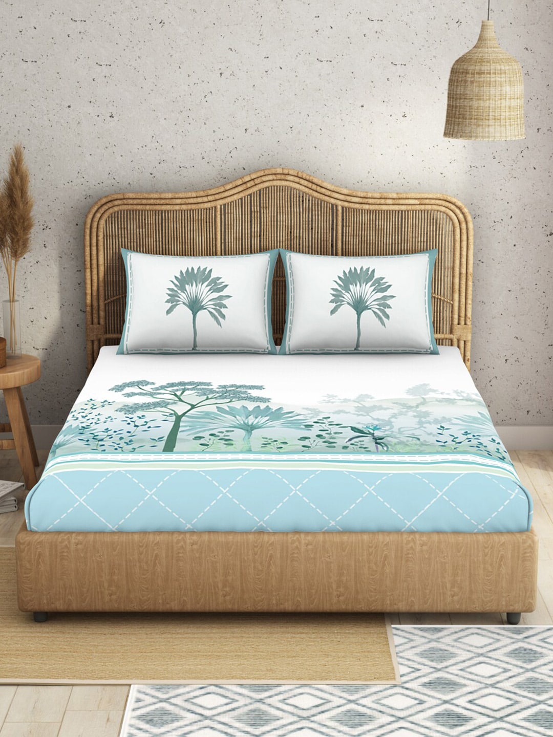 SPACES Kalakari Haath Teal Green Print Pure Cotton 210 TC King Bedsheet & 2 Pillow Covers - Swadesiicart