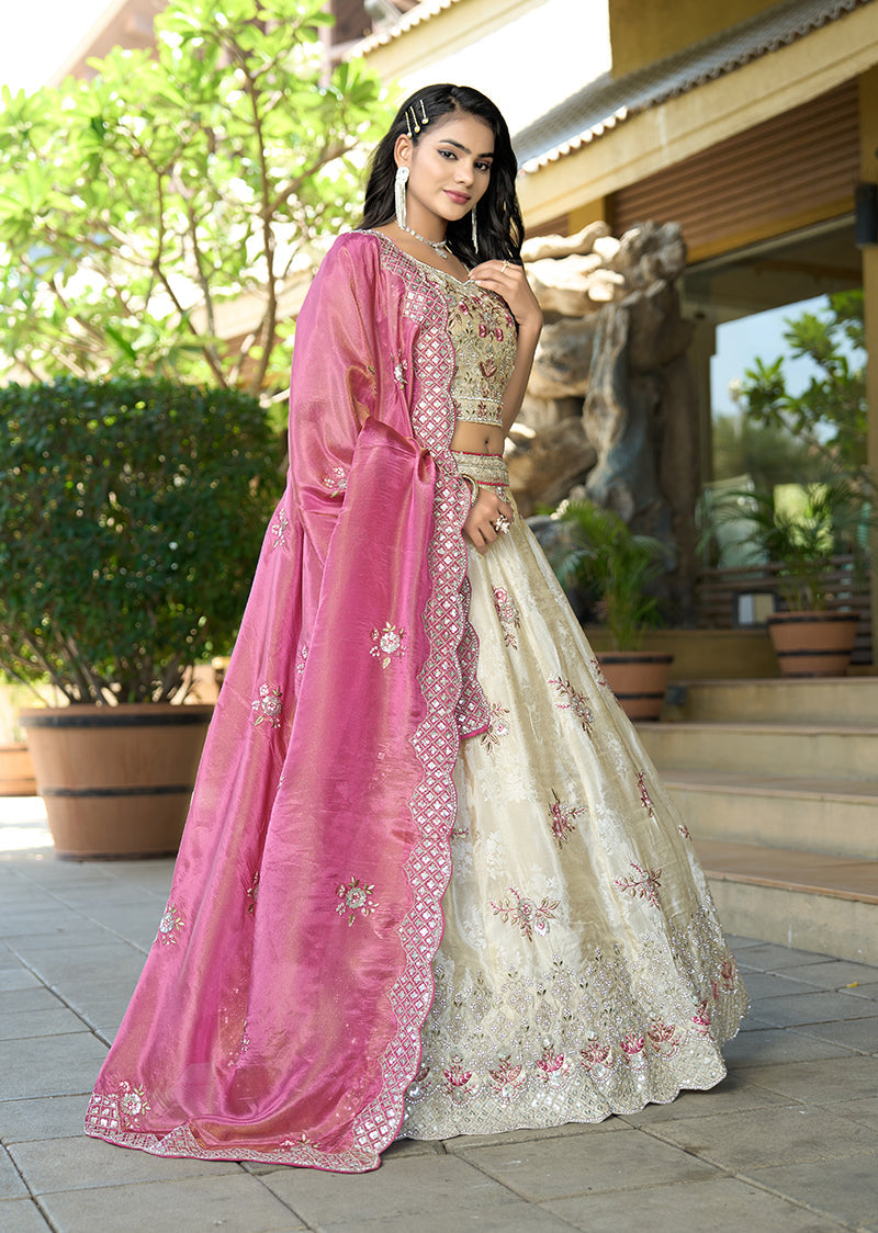 Monjolika Fashion Off White Embroidered Jacquard Lehenga Choli - Swadesiicart