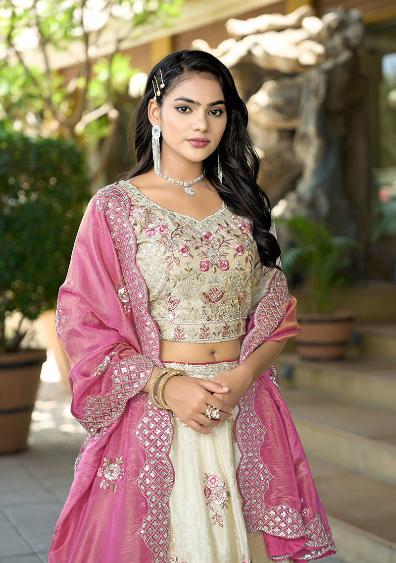 Monjolika Fashion Off White Embroidered Jacquard Lehenga Choli - Swadesiicart