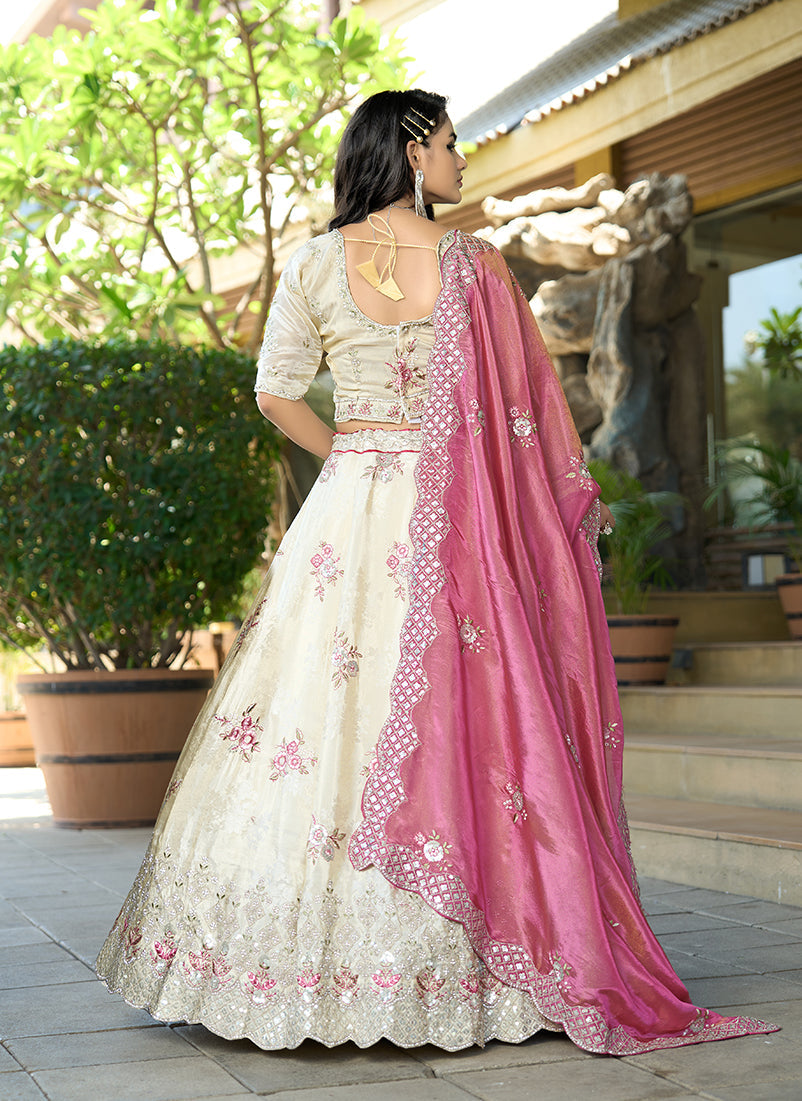 Monjolika Fashion Off White Embroidered Jacquard Lehenga Choli - Swadesiicart