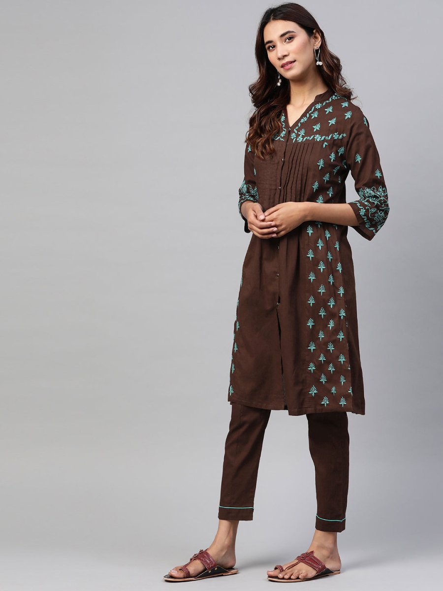 ADA Women Brown & Green Chikankari Embroidered Handloom Kurta with Trousers | Swadesiicart