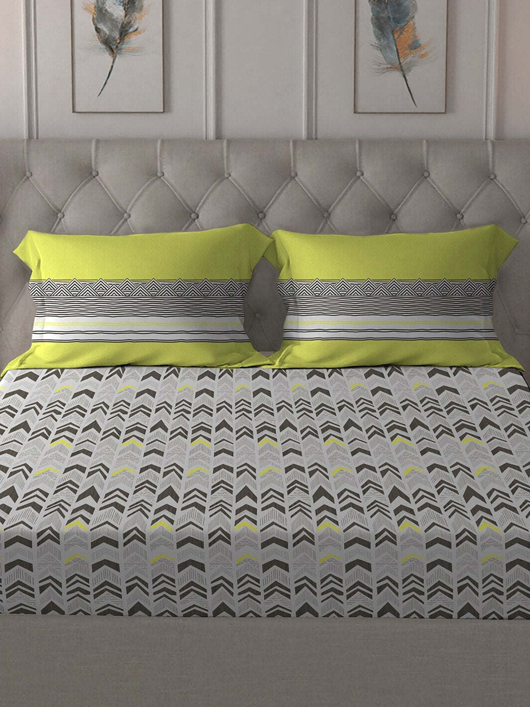 MYTRIDENT Grey Green Geometric Cotton 144 TC Queen Bedsheet With 2 Pillow Covers - Swadesiicart