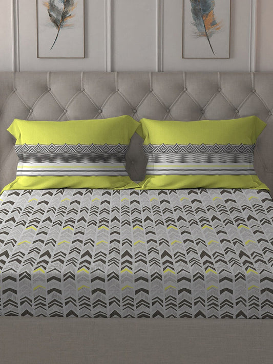 MYTRIDENT Grey Green Geometric Cotton 144 TC Queen Bedsheet With 2 Pillow Covers - Swadesiicart
