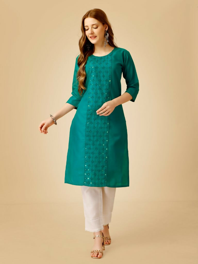 Jyoti Fashion Women's Rama Cotton Blend Embroidered Kurta Pant Set - Swadesiicart