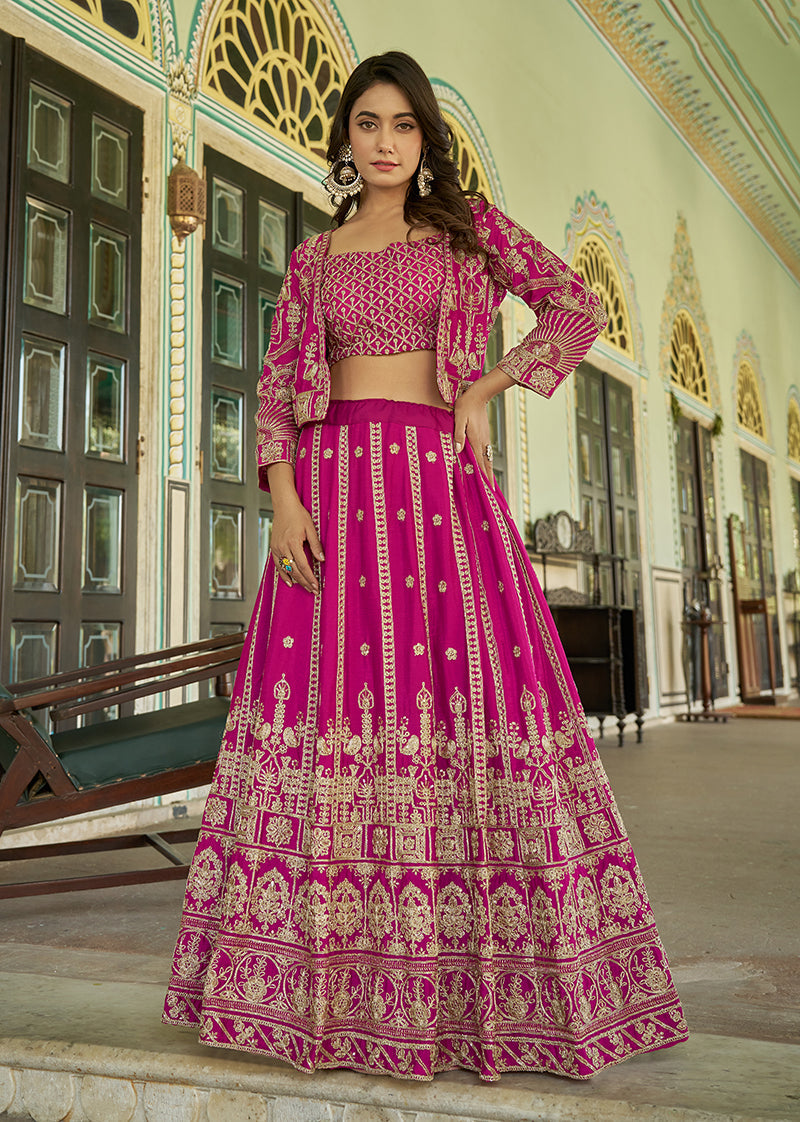 Monjolika Fashion Magenta Chinnon Heavy Embroidered Koti Style Lehenga Choli - Swadesiicart