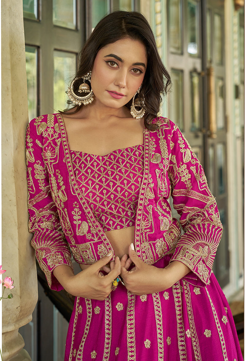 Monjolika Fashion Magenta Chinnon Heavy Embroidered Koti Style Lehenga Choli - Swadesiicart