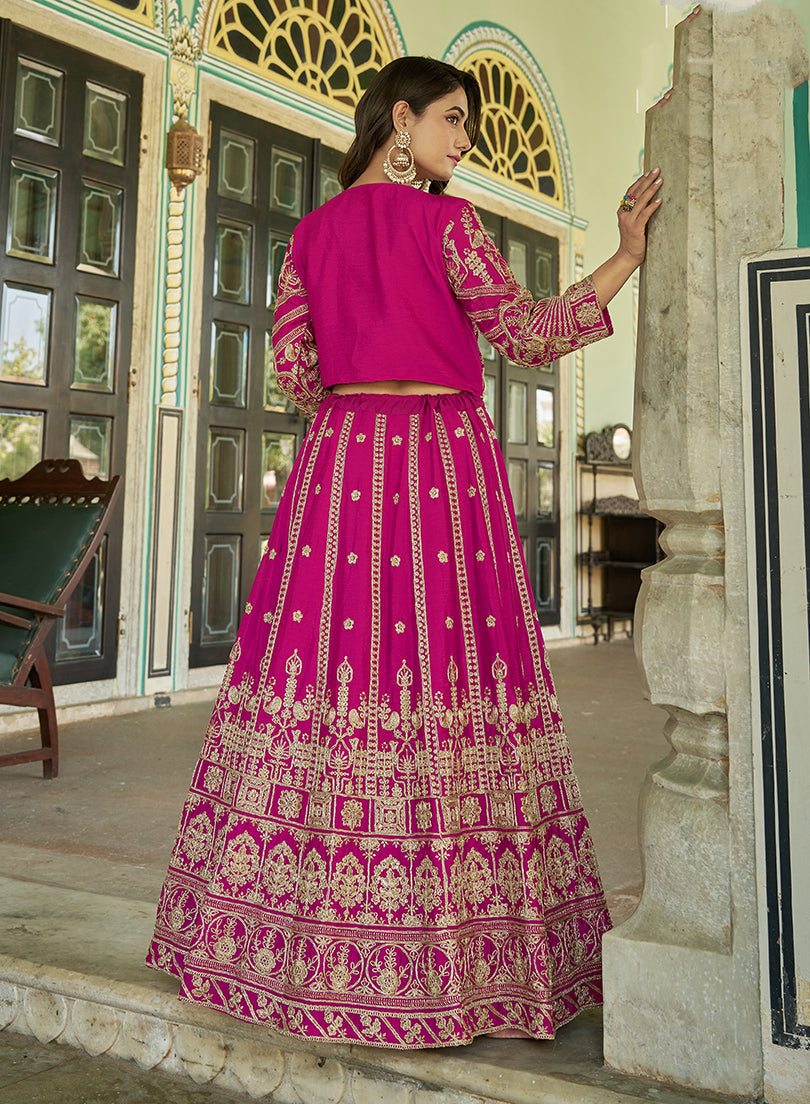 Monjolika Fashion Magenta Chinnon Heavy Embroidered Koti Style Lehenga Choli - Swadesiicart