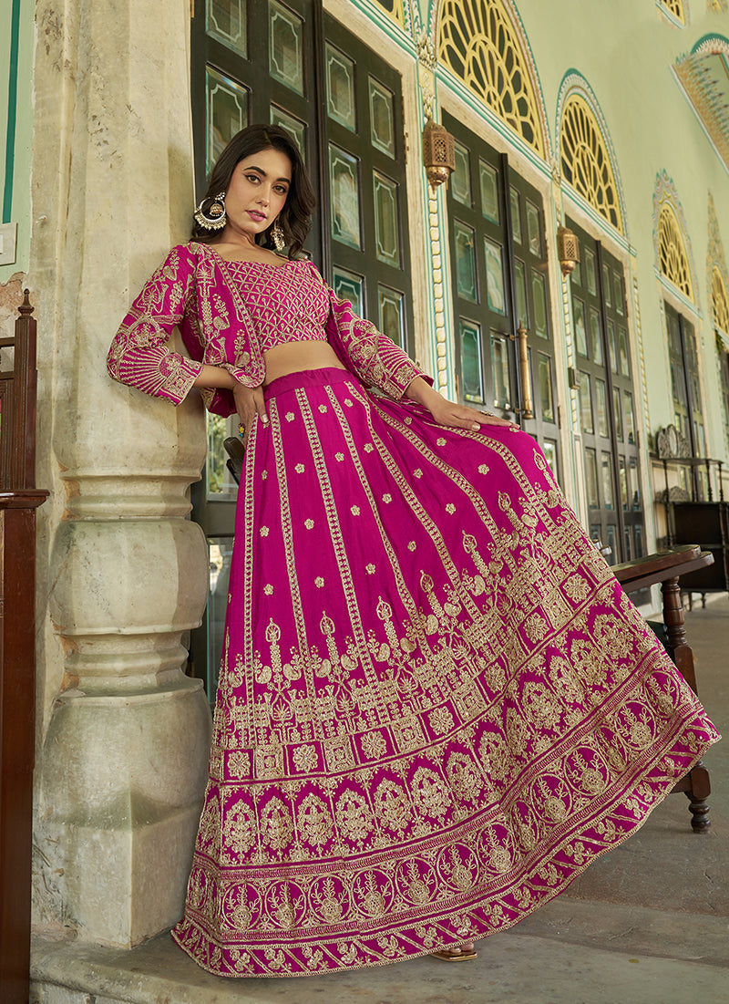 Monjolika Fashion Magenta Chinnon Heavy Embroidered Koti Style Lehenga Choli - Swadesiicart