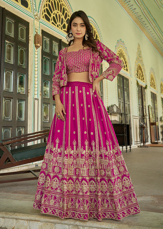 Monjolika Fashion Magenta Chinnon Heavy Embroidered Koti Style Lehenga Choli - Swadesiicart