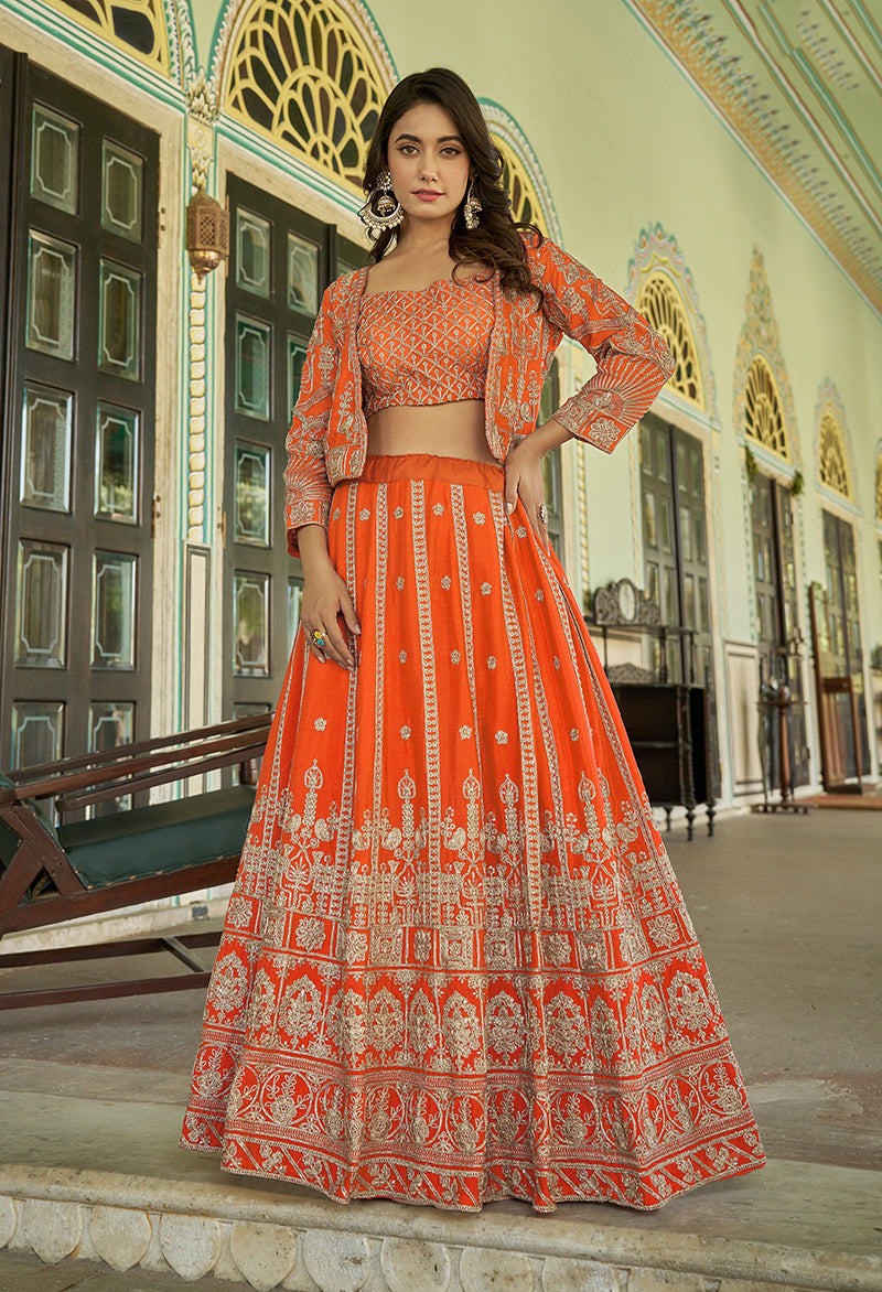 Monjolika Fashion Orange Chinnon Heavy Embroidered Koti Style Lehenga Choli - Swadesiicart