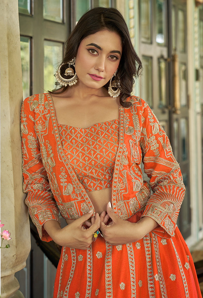 Monjolika Fashion Orange Chinnon Heavy Embroidered Koti Style Lehenga Choli - Swadesiicart