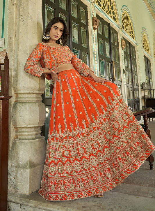 Monjolika Fashion Orange Chinnon Heavy Embroidered Koti Style Lehenga Choli - Swadesiicart
