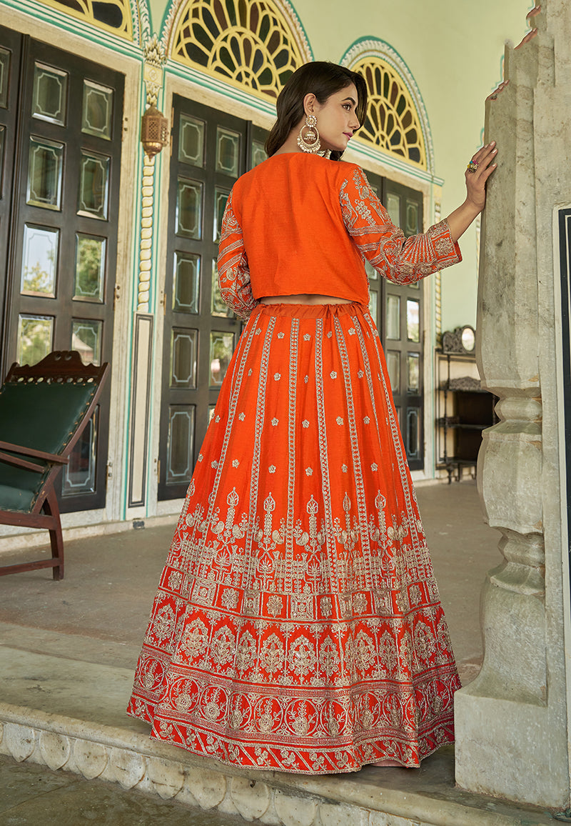 Monjolika Fashion Orange Chinnon Heavy Embroidered Koti Style Lehenga Choli - Swadesiicart