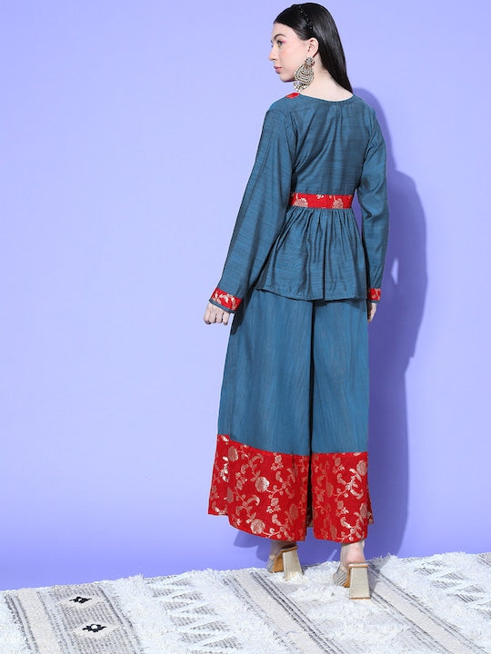 InWeave Women's Teal Red Brocade Mughal Shaan Kurta Palazzo Set - Swadesiicart