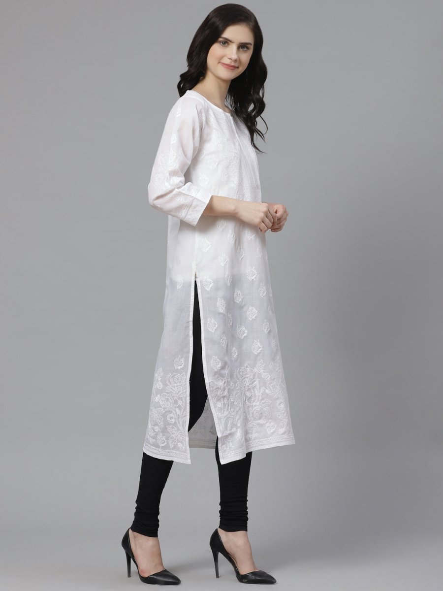 ADA Women White & Black Chikankari Embroidered Semi-Sheer Sustainable Handloom Kurta with Churidar | Swadesiicart