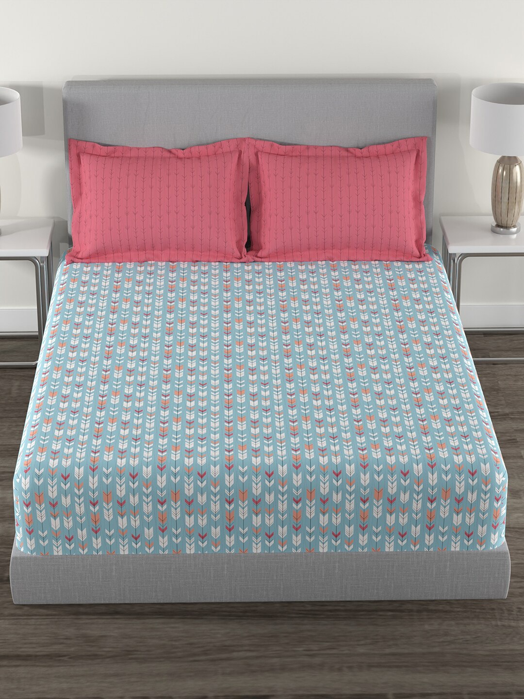 MYTRIDENT Blue White Geometric Cotton 144 TC Queen Bedsheet With 2 Pillow Covers - Swadesiicart