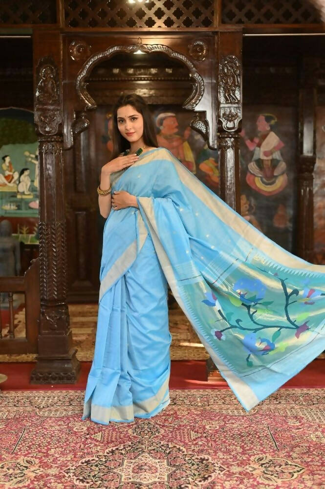 Very Much Indian Handloom Pure Cotton Paithani Peacock Pallu-Sky Blue | Swadesiicart