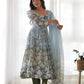 Lorenvalley Grey Soft Organza Silk With Floral Print Fully Flared Anarkali Pant With Dupatta Set | Swadesiicart