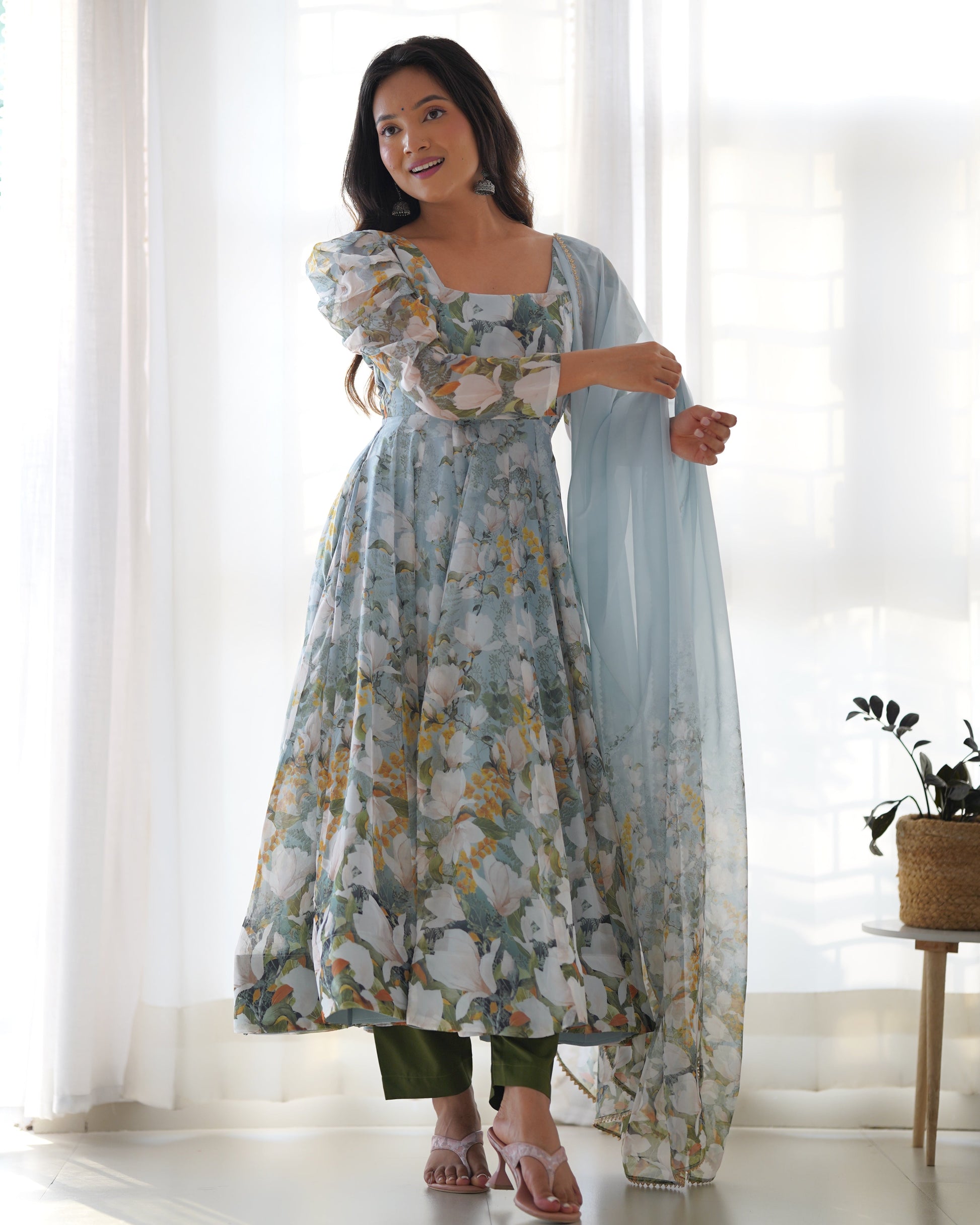 Lorenvalley Grey Soft Organza Silk With Floral Print Fully Flared Anarkali Pant With Dupatta Set | Swadesiicart