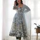 Lorenvalley Grey Soft Organza Silk With Floral Print Fully Flared Anarkali Pant With Dupatta Set | Swadesiicart