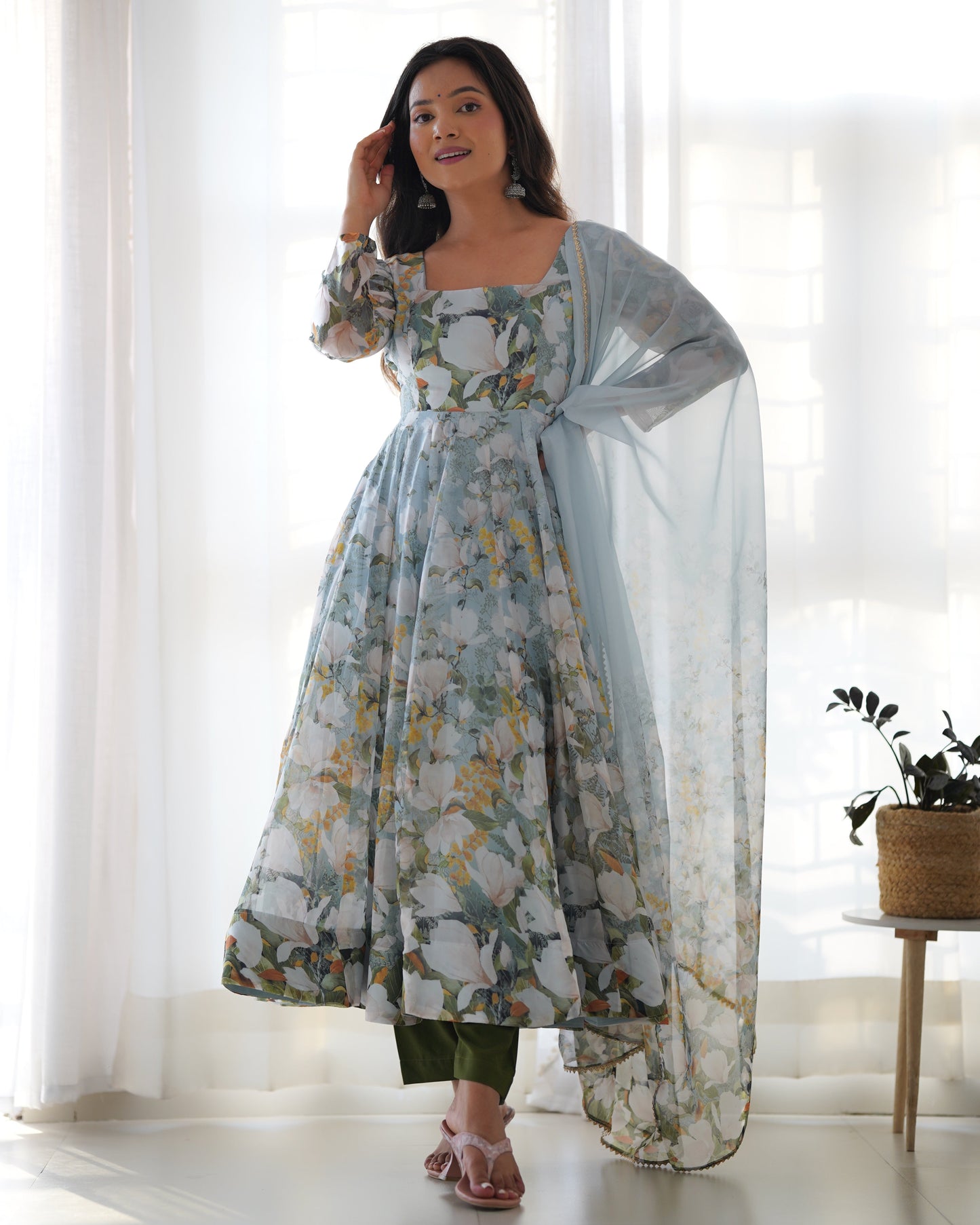 Lorenvalley Grey Soft Organza Silk With Floral Print Fully Flared Anarkali Pant With Dupatta Set | Swadesiicart