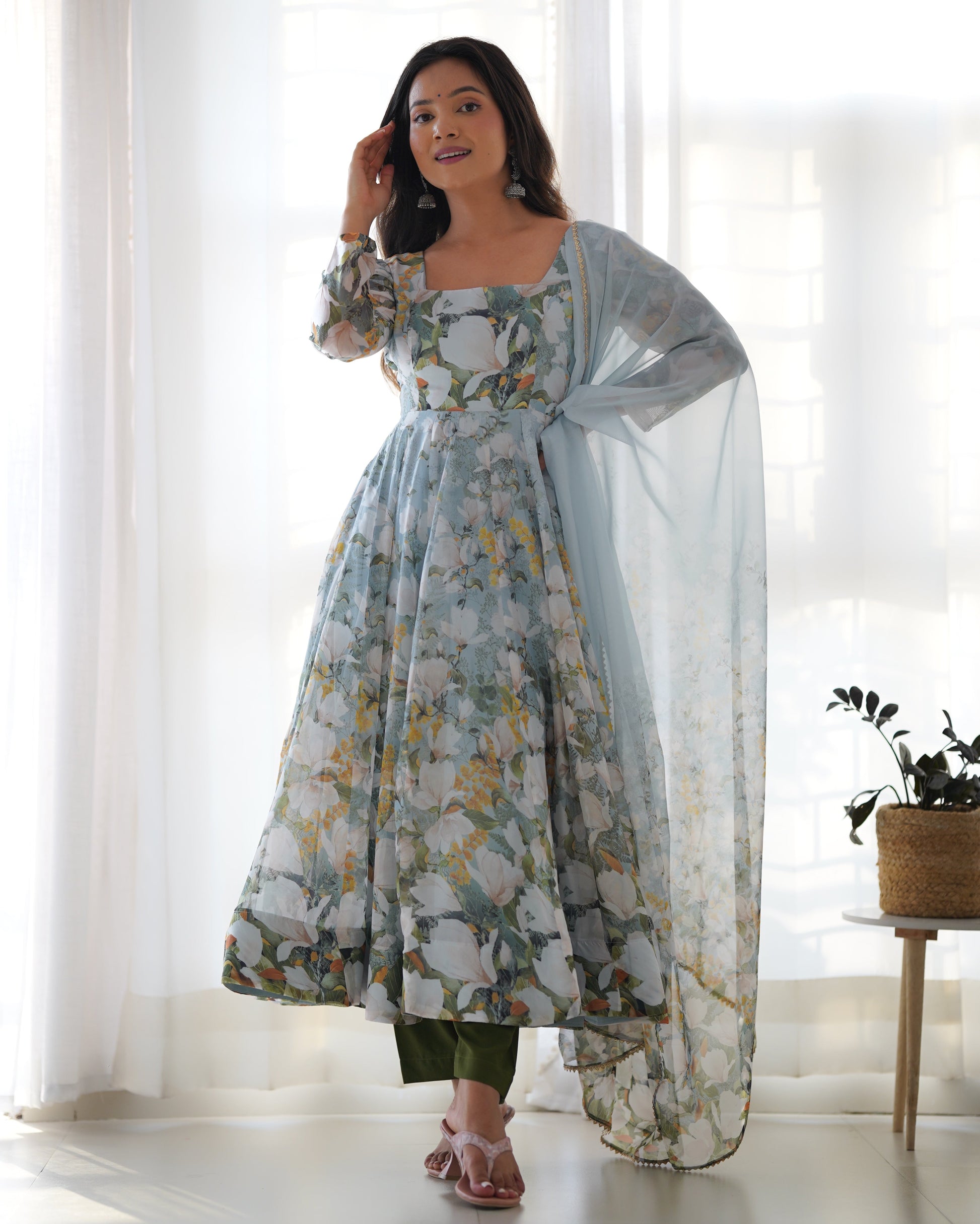 Lorenvalley Grey Soft Organza Silk With Floral Print Fully Flared Anarkali Pant With Dupatta Set | Swadesiicart