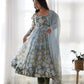 Lorenvalley Grey Soft Organza Silk With Floral Print Fully Flared Anarkali Pant With Dupatta Set | Swadesiicart