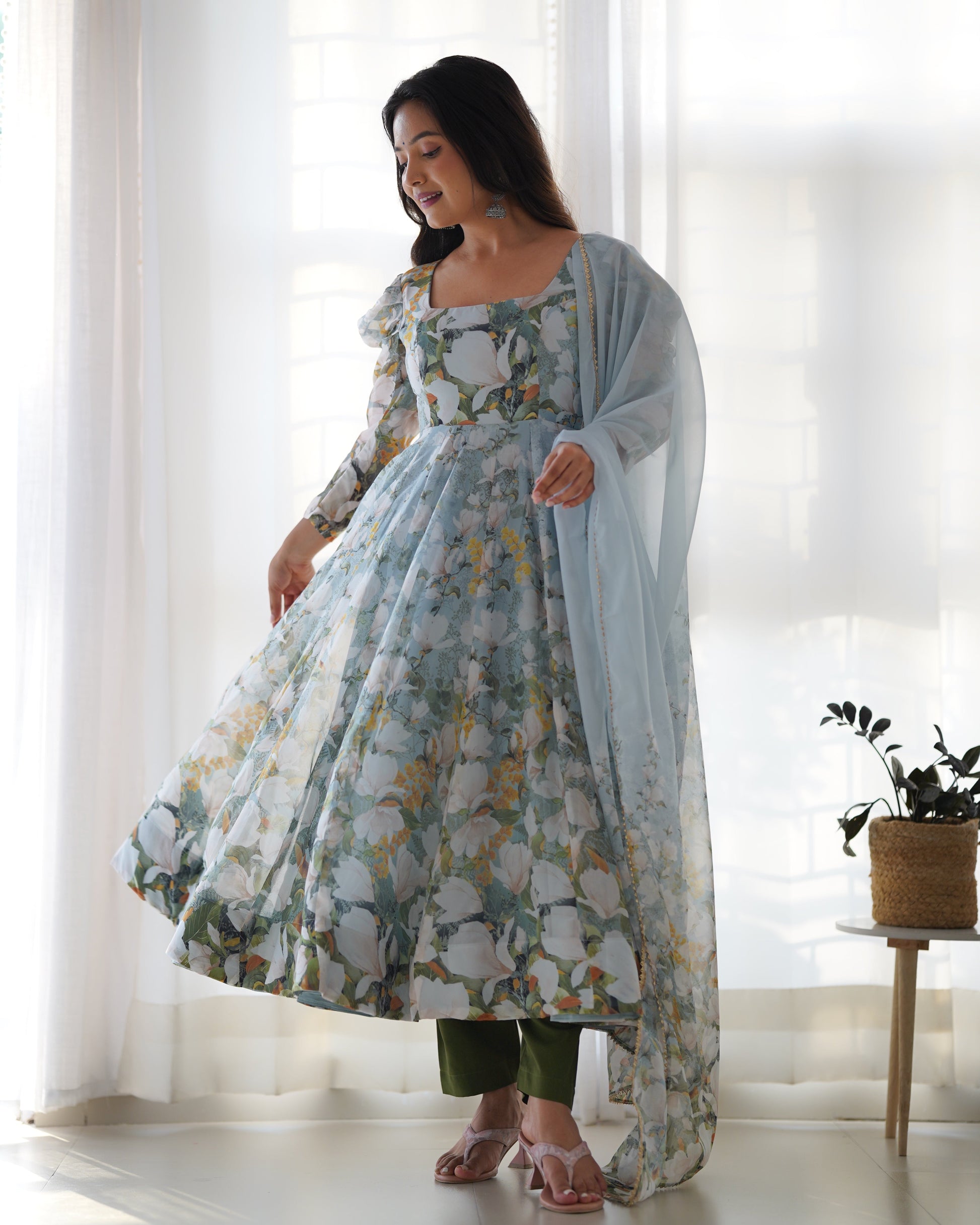 Lorenvalley Grey Soft Organza Silk With Floral Print Fully Flared Anarkali Pant With Dupatta Set | Swadesiicart