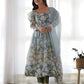 Lorenvalley Grey Soft Organza Silk With Floral Print Fully Flared Anarkali Pant With Dupatta Set | Swadesiicart