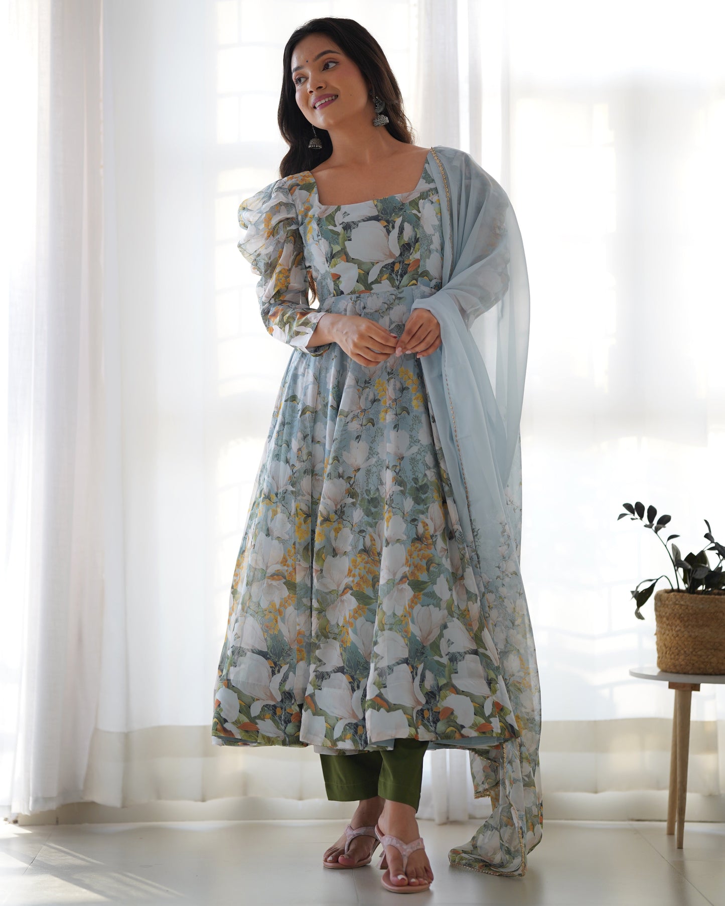 Lorenvalley Grey Soft Organza Silk With Floral Print Fully Flared Anarkali Pant With Dupatta Set | Swadesiicart