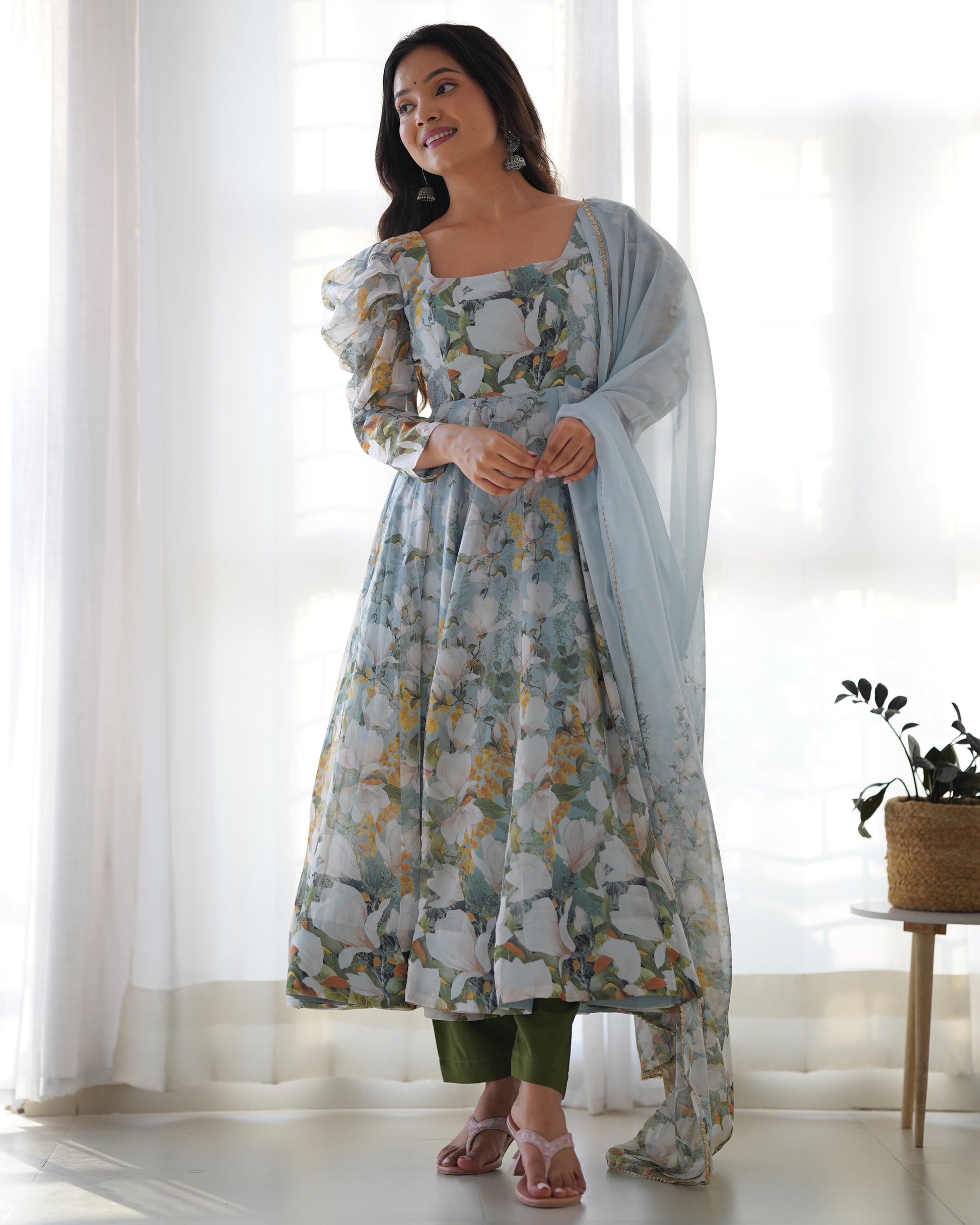 Lorenvalley Grey Soft Organza Silk With Floral Print Fully Flared Anarkali Pant With Dupatta Set | Swadesiicart