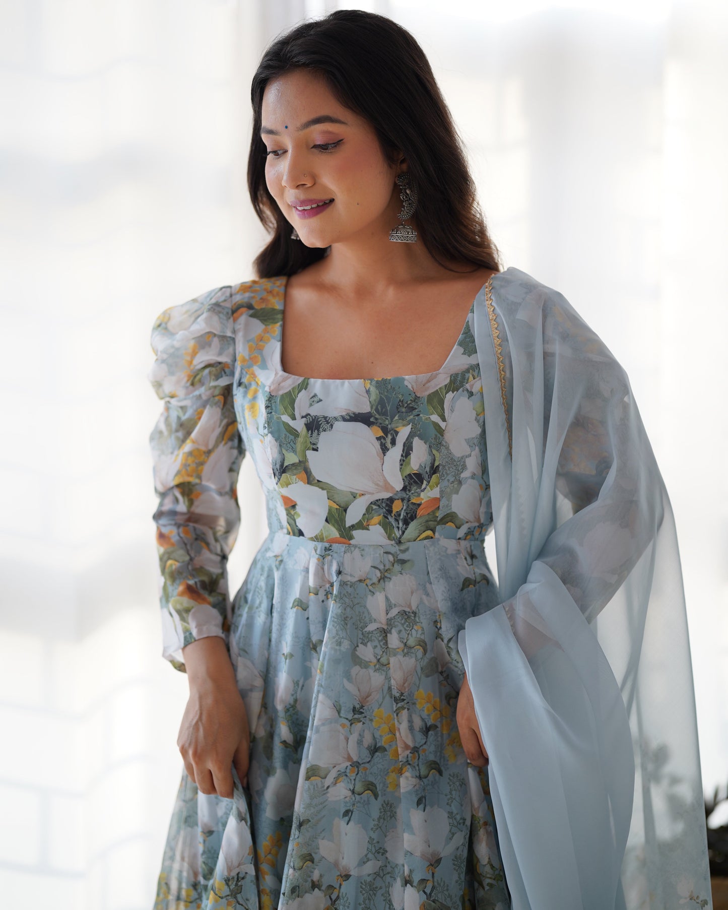 Lorenvalley Grey Soft Organza Silk With Floral Print Fully Flared Anarkali Pant With Dupatta Set | Swadesiicart