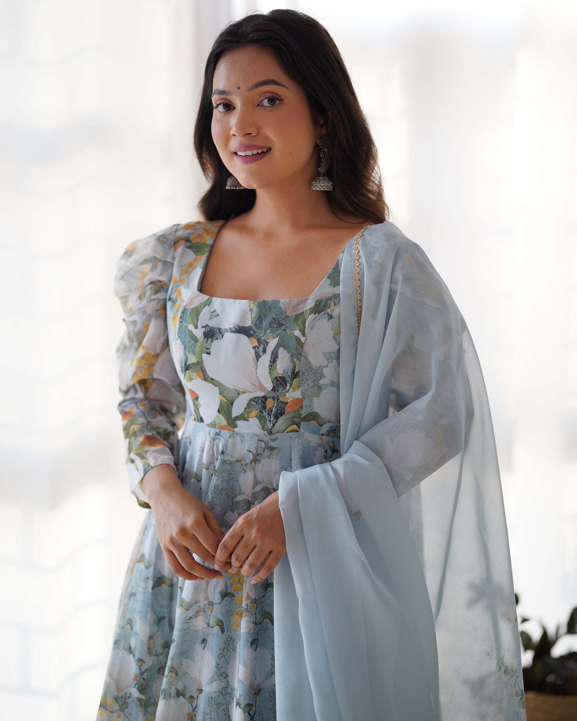 Lorenvalley Grey Soft Organza Silk With Floral Print Fully Flared Anarkali Pant With Dupatta Set | Swadesiicart