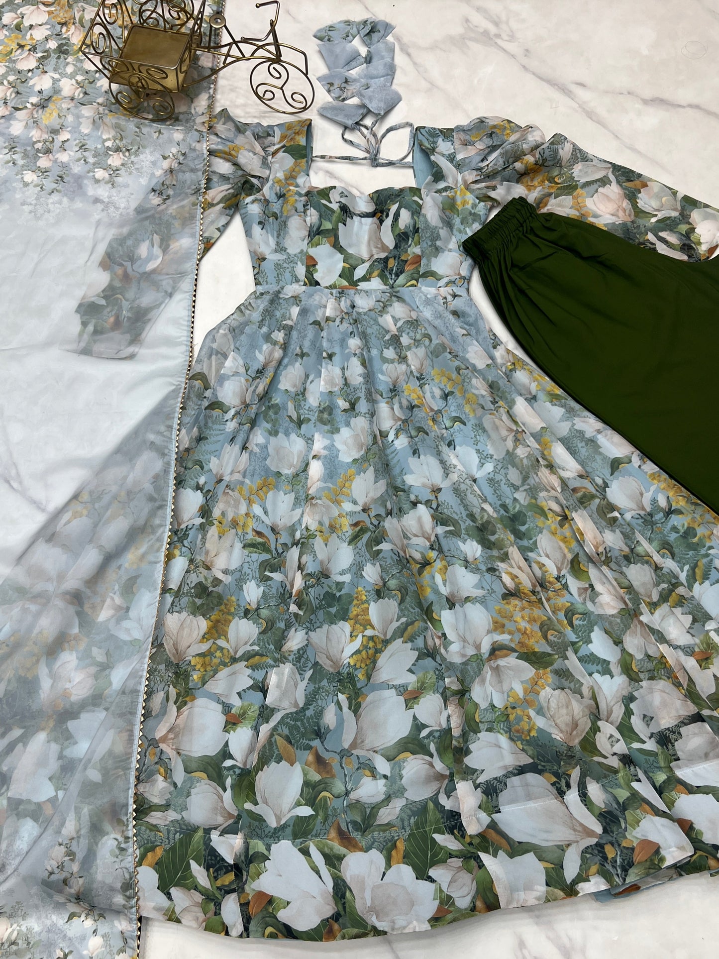 Lorenvalley Grey Soft Organza Silk With Floral Print Fully Flared Anarkali Pant With Dupatta Set | Swadesiicart