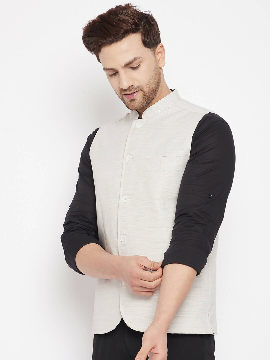 Even Apparels Cream Merino Men Woven Nehru Jacket BF504 | Swadesiicart