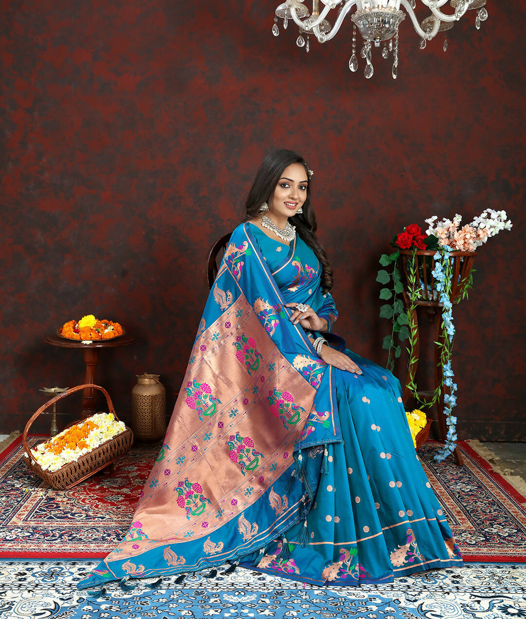 Lorenvalley Fashion Rama Soft Paithani Silk Woven Design Copper Zari Meenakari Weaving Saree - Swadesiicart