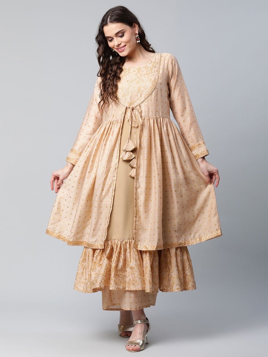 Ahalyaa Womens Beige Chanderi Kurta Palazzo Set with Dupatta | Swadesiicart