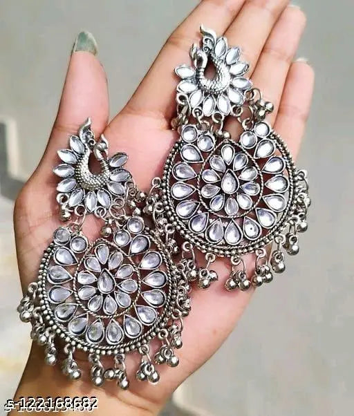 Tehzeeb Creations Women's Silver Colour Earrings With Kundan And Ghungroo Work | Swadesiicart