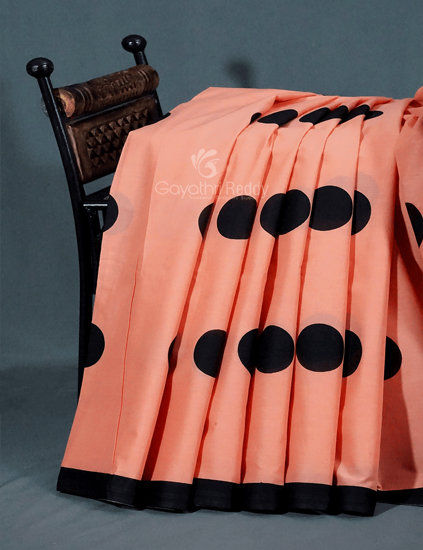 Peach And Black Block Print Pure Mulmul Cotton Saree By Gayathri Reddy Designer Studio | Swadesiicart