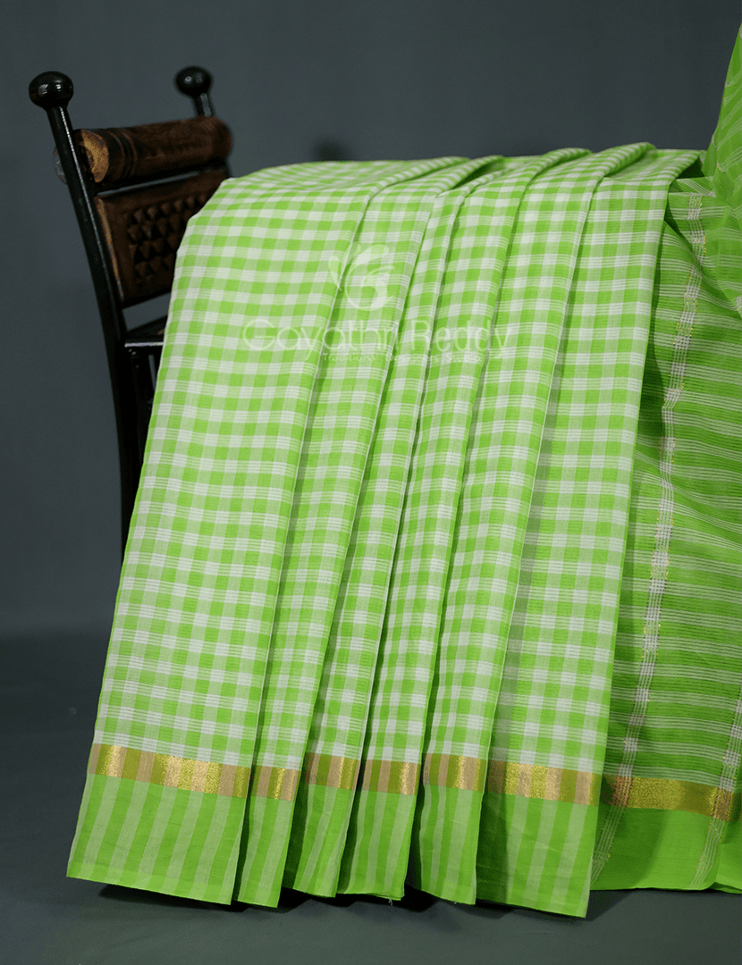 Light Green With Checks Pure Mangalgiri Cotton Saree By Gayathri Reddy Designer Studio | Swadesiicart