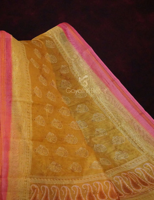 Dry Mehendi Colored Block Print Semi Chanderi Saree By Gayathri Reddy Designer Studio | Swadesiicart