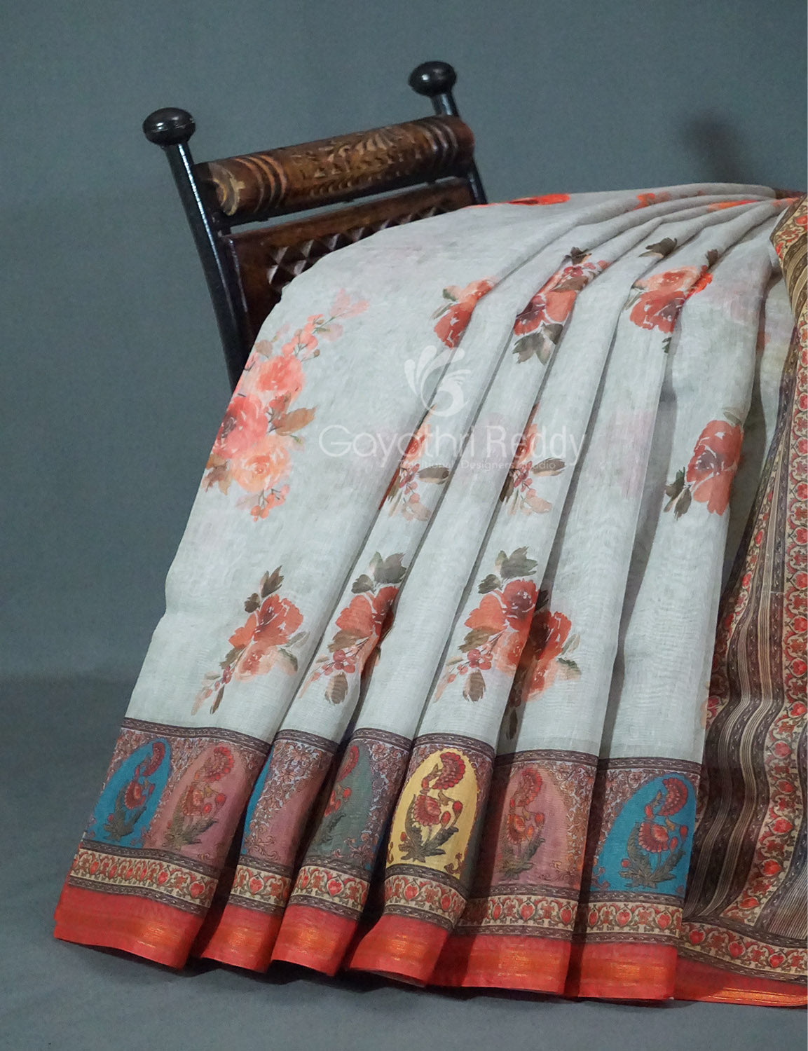 Shades of Light Grey Floral Print Semi Chanderi Saree By Gayathri Reddy Designer Studio | Swadesiicart