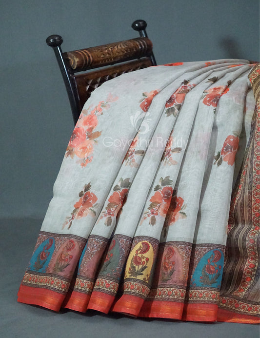 Shades of Light Grey Floral Print Semi Chanderi Saree By Gayathri Reddy Designer Studio | Swadesiicart
