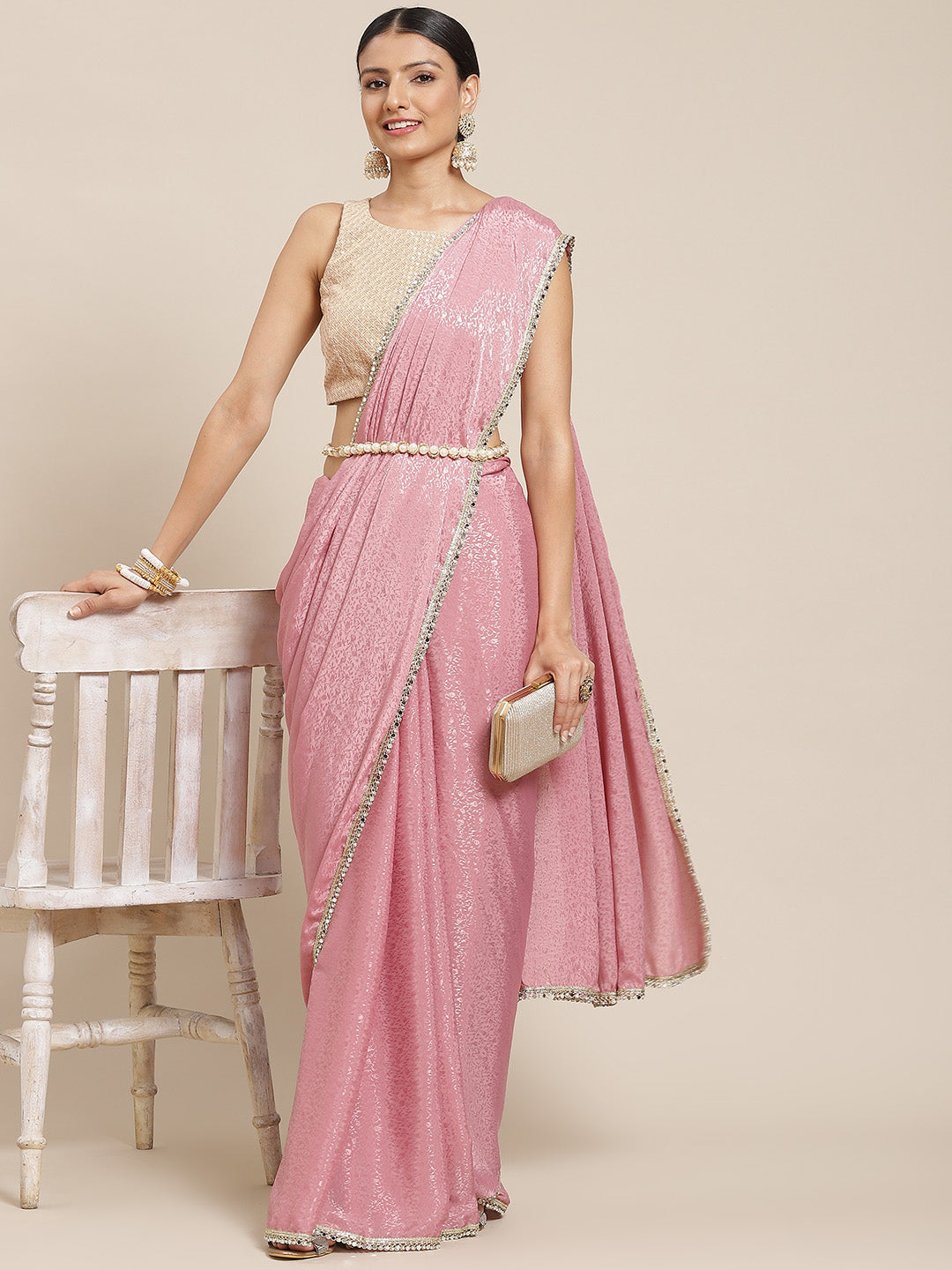 Tikhi Imli Pink Ethnic Motifs Print Saree | Swadesiicart