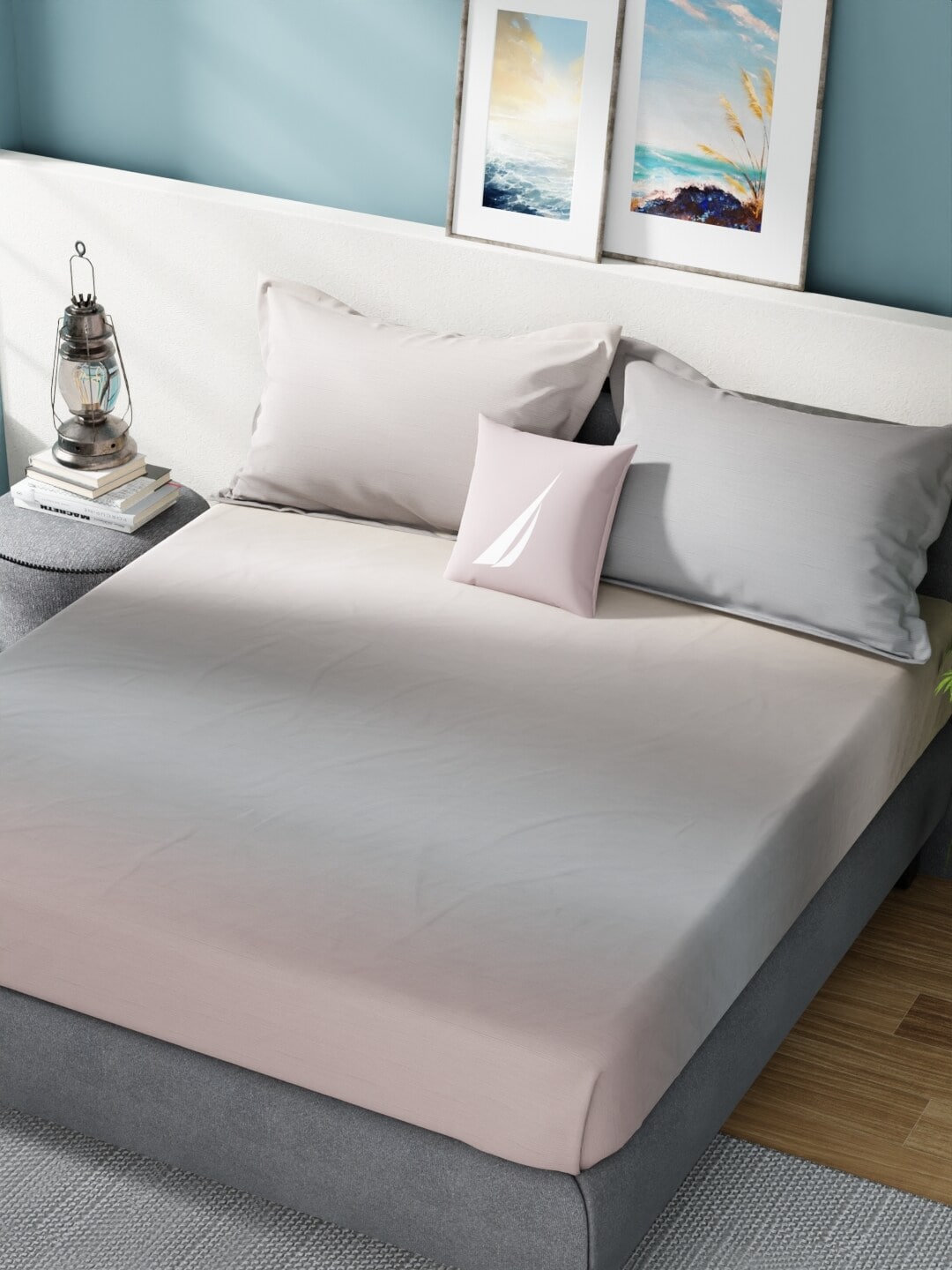 Nautica Grey & Pink 160 TC King Bedsheet With 2 Pillow Covers - Swadesiicart