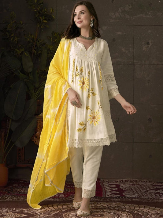 Anouk Embroidered Pleated Chikankari Pure Cotton A-Line Kurta With Trousers & Dupatta | Swadesiicart