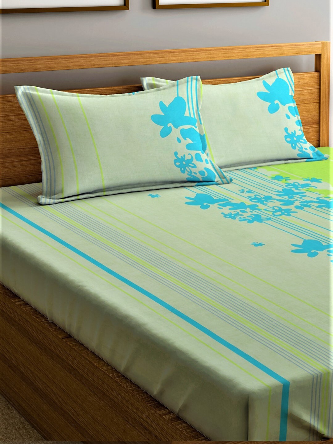 Home Sizzler Green & Blue Floral 210 TC Queen Bedsheet with 2 Pillow Covers - Swadesiicart