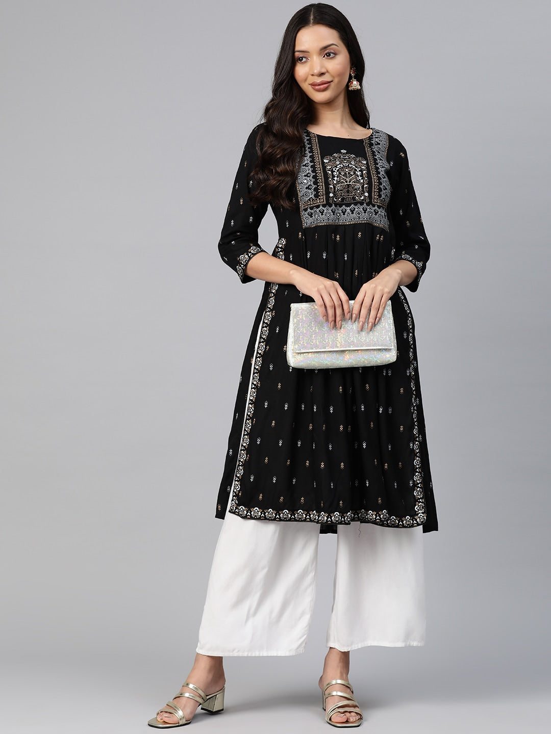 Kalini Ethnic Motifs Printed Mirror Work Kurta - Swadesiicart