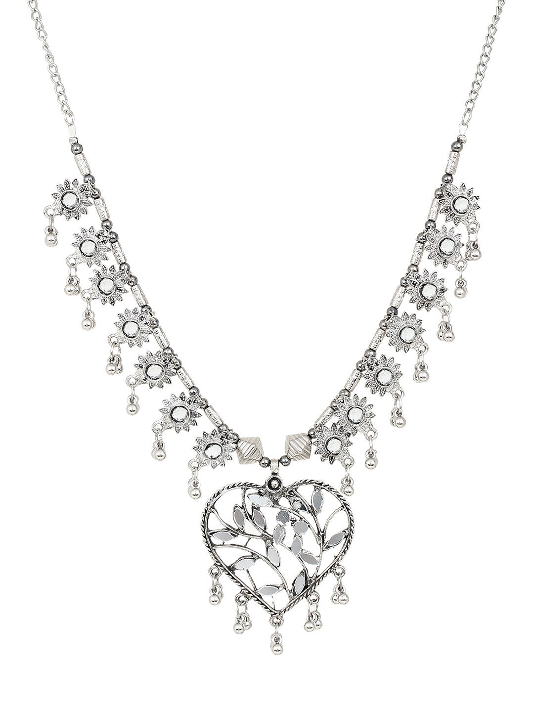 Cardinal Women Silver-Toned Oxidised Stone Studded & Beaded Heart Shaped Jewellery Set - Swadesiicart