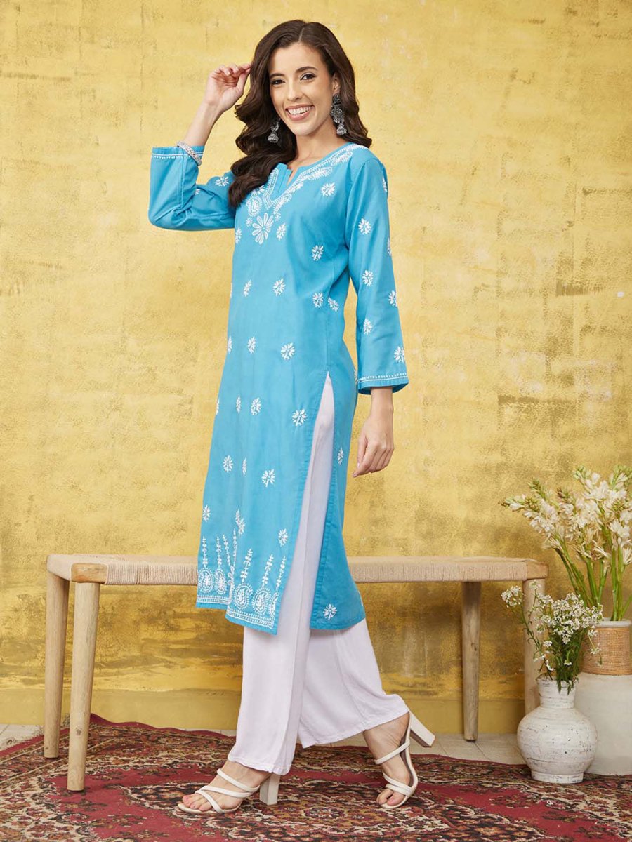 ADA Ethnic Motifs Embroidered Lucknowi Chikankari Kurta | Swadesiicart